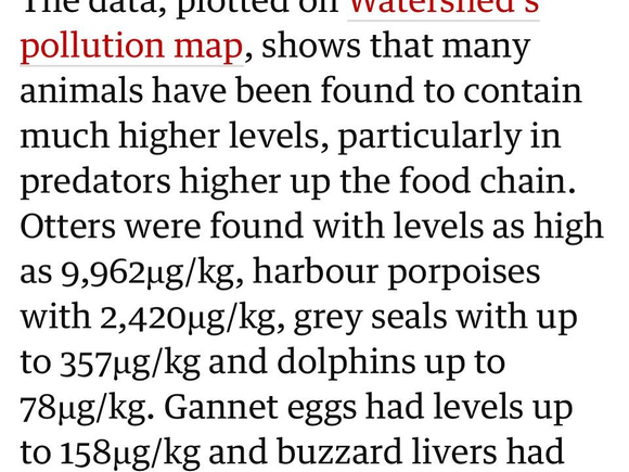 A clipping of a news story: "The data, plotted on Watershed's pollution map, shows that many animals have been found to contain much higher levels, particularly in predators higher up the food chain. Otters were found with levels as high as 9,962ug/kg, harbour porpoises with 2,420ug/kg, grey seals with up to 357ug/kg and dolphins up to 78ug/kg. Gannet eggs had levels up to 158ug/kg and buzzard livers had up to 104ug/kg."